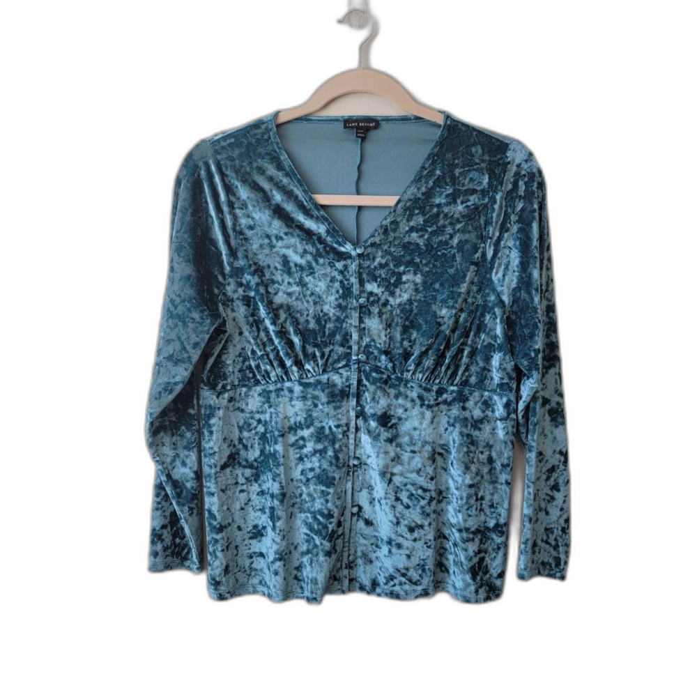 Lane Bryant Teal Crushed Velvet Button Front Top Plus 14/16